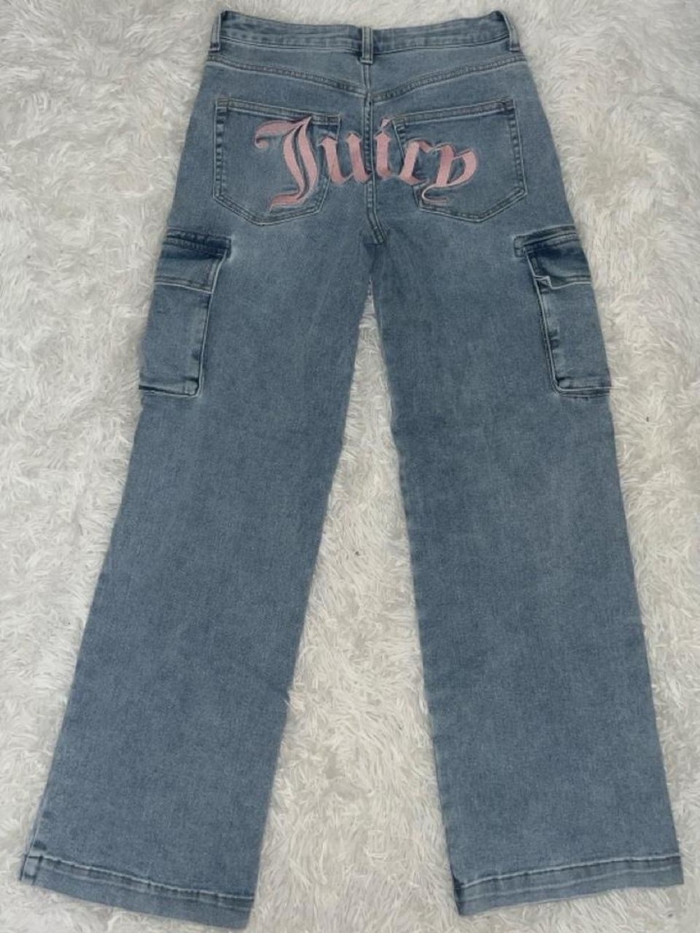 Juicy Couture Wide leg Denim Cargo Jeans with Pink Embroidery